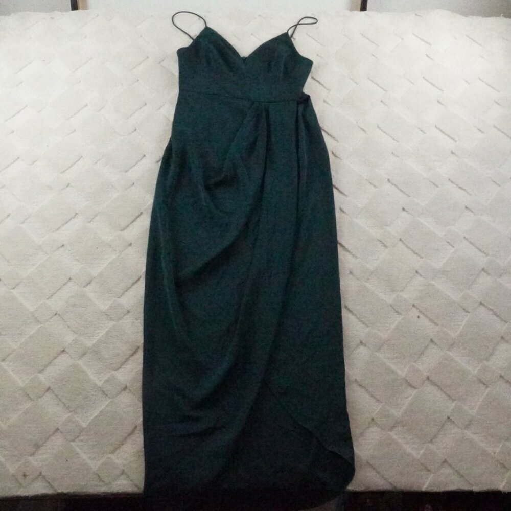 Shona Joy Emerald Green Draped Satin Midi Dress Womens 4 With a Tulip Hem